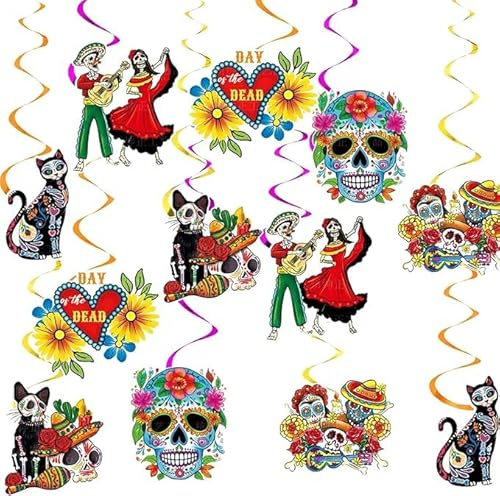 eBoutik - Halloween Tag der Toten Party Dekorationsset - Bunte Wirbel & Zuckerschädel-Wimpelkette - El Día de los Muertos Hängende & Deckendekorationen