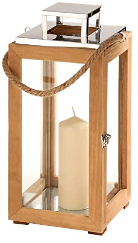 Casa Vivente Laterne aus Holz und Edelstahl, Windlicht für Kerzen, Dekorative Beleuchtung zum Aufhängen oder Aufstellen, wetterfest