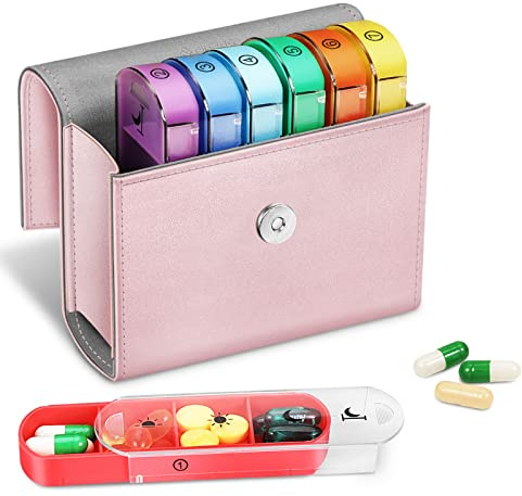 FINPAC Tablettenbox 7 Tage 4 Fächer - Pillendose 4 mal am Tag mit Kunstleder Tasche und Namenskarte Medikamentenbox für Pillen Vitamin Fischöl für Morgens Mittags Abends Nachts, Roségold