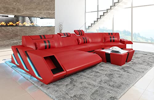 Sofa Apollonia C Form Wohnlandschaft Leder Couch mit Kopfstützen Ledersofa mit LED Beleuchtung (Ottomane Links, Rot-Schwarz)