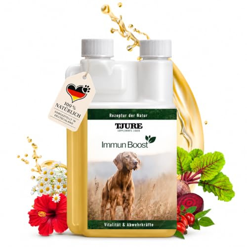 TJURE Immun Boost Liquid für Hunde | 500 ml | Ergänzungsfuttermittel mit Ginseng, Sonnenhut & Blütenpollen | Pflanzliche Rezeptur zur Unterstützung des Wohlbefindens | Made in Germany