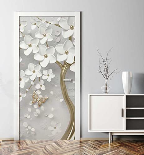 MyMaxxi - Tür bekleben mit Türtapete Türposter Türfolie Selbstklebend 90x200 blühender Blütenbaum - Tür verschönern Türaufkleber Türklebefolie Kunstwerk Blumen weiß
