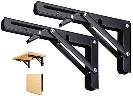 2 Pièces Support d' Étagères Pliable, 450mm Équerre Pliante Noir Support Console Pliants, Murale Supports Pliante, Pour Table Etagere Murale Garage Cuisine Chambre Bureau, Gain de place, 90 KG Porteur