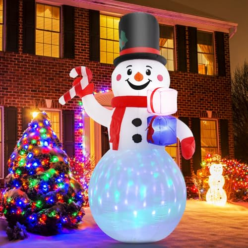 Aceshop 240CM Pupazzo di Neve Gonfiabile con Luci a LED Rotanti Colorate, Decorazioni Natalizie Gonfiabile Pupazzo di Neve con Pacco Regalo Gonfiabili Natalizi per Esterno Feste in Giardino Cortile