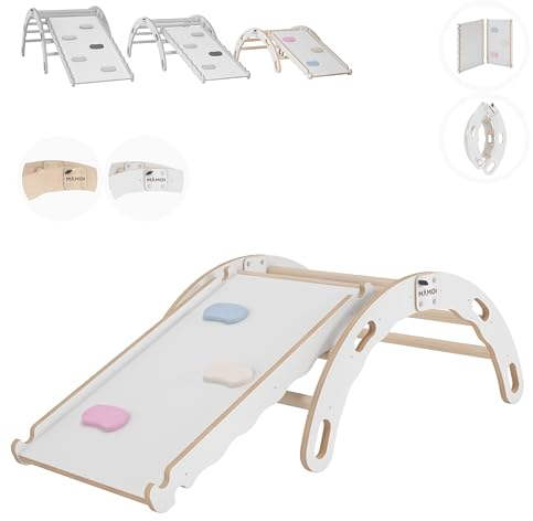 MAMOI® Gymnastik-Sprossenwand 210 cm | Wandmontierte Trainingsleiter aus Holz | Turnringe und Strickleiter | Indoor-Kletterwand für Zuhause | Stabil und sicher | Europäische Produktion