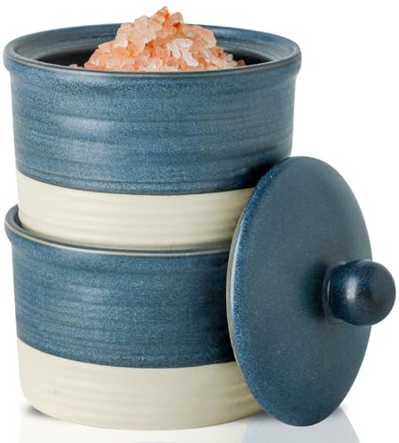Hasense Salt Cellar Set, Ceramic Salt Box with Lid, 9 oz Stacked Salt Pepper Container for Countertop, Small Spice Bowls for Salt Pepper Sugar, Christmas Gift Ideas, Set of 2, Deep Blue