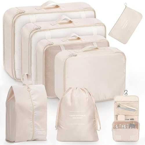 haysence Koffer Organizer Set 8 Teilig - Kofferorganizer Packing Cubes Reise Zubehör - Wasserdichte Packwürfel Travel Organizer für Urlaub Kleidung Schuhe (Beige)