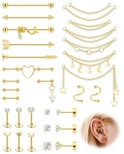 REVOLIA Surgical Steel Industrial Barbell Earrings with Chain for Women Dangle Cartilage Earring Studs Cartilage Helix Tragus Daith Industrial Piercing Jewelry Set