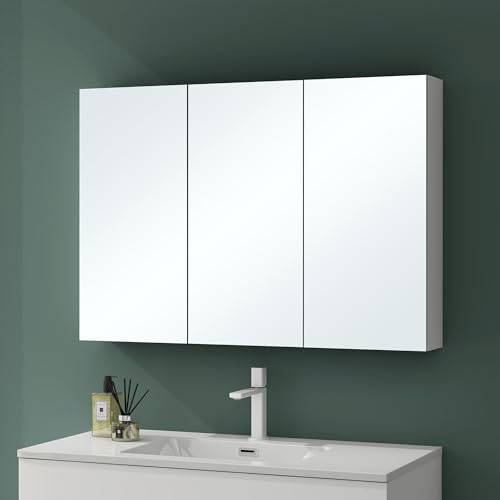 Mai & Mai Armoire Murale Blanc Mat avec Miroir LED Salle de Bain 100cm | Placard Rangement en Bois, Éclairage Miroir, Armoire Toilette avec 3 Portes, Étagères Réglables, 100x15x70cm, SpiegelSR-02