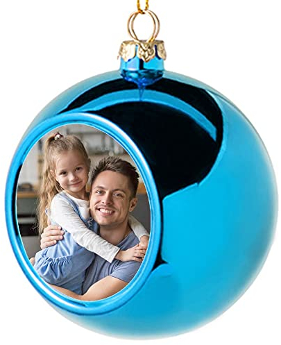 Ocadeau Personalisierte Blaue Weihnachtskugel – Deko mit Foto auf der Vorderseite – Kunststoffkugel mit Goldener Aufhängung