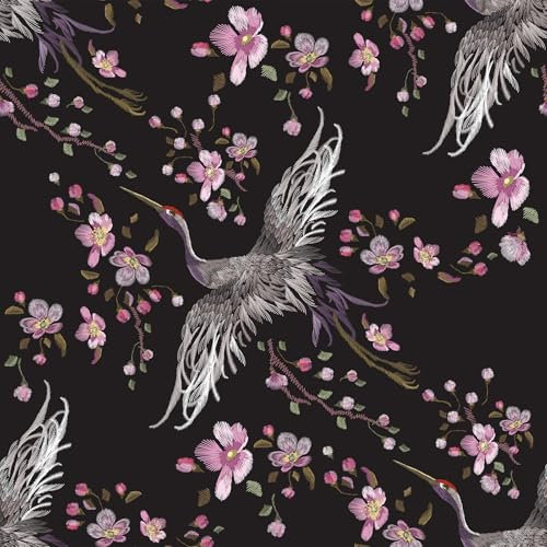 ReWallpaper Tapete Selbstklebend Schwarz Blumen Tapete Blumen Vintage Rosa für Mädchenzimmer Möbelfolie Selbstklebend Schwarz Mustertapete Kranich Weiß für Wand Schlafzimmer 44.5cm×3m