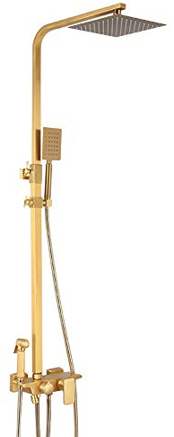 WAGXIyU Bathroom Metal Brass Gold Brushed Bathroom Shower Set Wall-Mounted Handheld Shower Set Bidet Booster Nozzle Faucet European Square Top Spray 4 Function Fixed Showe