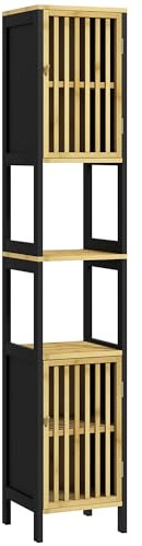 HOMCOM Mobiletto Bagno Salvaspazio con Ripiano Aperto e Armadietto con Ripiano Regolabile, Mobile da Bagno in MDF e Bambù, 32x30x90.5 cm, Nero e Color Legno