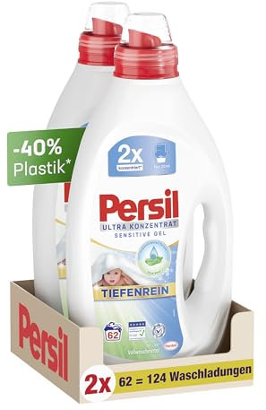 Persil Ultra Konzentrat Sensitive Gel (124 Waschladungen), Flüssigwaschmittel für Allergiker & Babys in kleinerer Flasche für weniger Plastik, entfernt hartnäckige Flecken, dermatologisch getestet