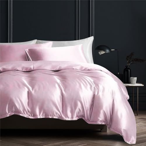 Gezu Housse de Couette Satin 220x240cm Rose Unie Parure de Lit Soie Lisse Soyeux Brillant Doux Sets de Housse de Couette 2 Personnes Linge de Lit avec 2 Taies d'oreiller 65x65cm avec Fermeture Éclair