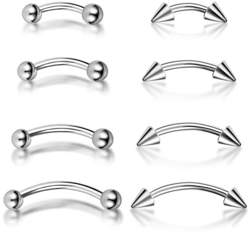 Vokmon 8PCS Body Piercing Jewellery, Eyebrow, Nose, Lip, Tongue, Ear & Nipple Rings, 16G Silver Stainless Steel, 6MM/8MM/10MM/12MM Barbell, 3MM Ball, 8 Pieces