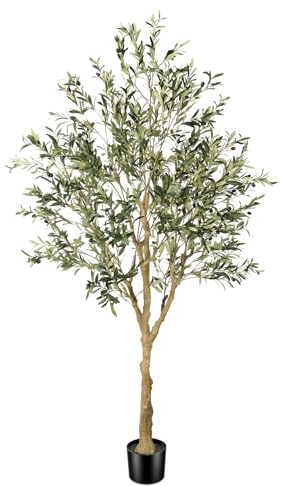 FEELEAD Faux Olive Tree 7ft - Realistic Artificial Olive Tree 7 Feet Indoor (84) - Tall Fake Potted Olive Silk Tree Artificial Indoor with Natural Wood Trunk for Home Office Decor