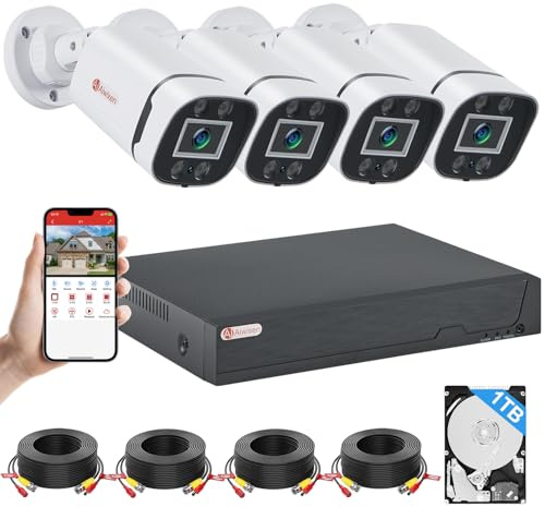 AIWIXEN 8CH H.265+ 3K Lite Wired CCTV Security Camera System with Human Vehicle Detection, 4X IP68 5MP Surveillance Camera for Indoor Outdoor, 1TB Hard Drive for 24-7 Recording, Remote Access