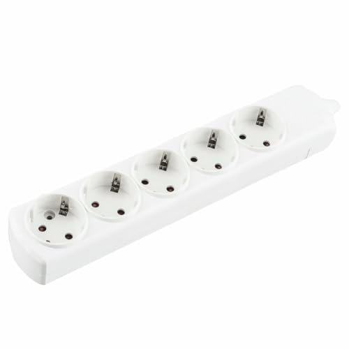 Base blanca con 5 tomas sin cable, ideal para conectividad eléctrica en hogares y oficinas, segura y portátil.