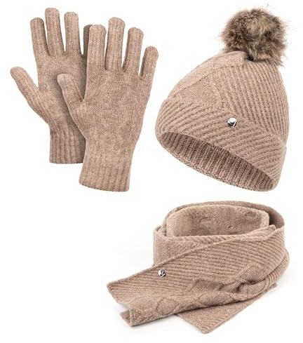 HEYO Damen Mütze Schal Handschuhe, Winter-Accessoires Set, Strickmütze mit Bommel HZ0012 (Beige)