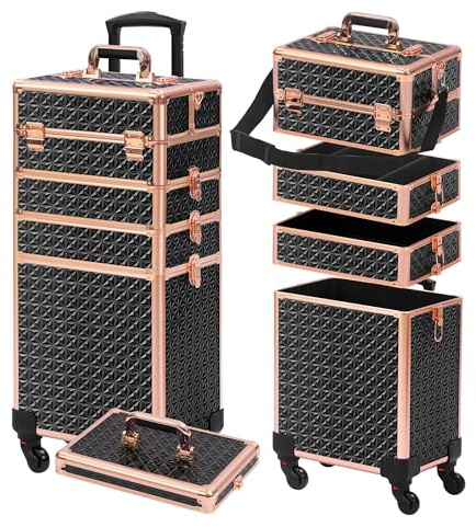 Somduy Rolling Makeup Case, Makeup Train Case with Lid, 5 in 1 Cosmetology Case on Wheels, Christmas Gift, Large Makeup Organizers, Profesional Cosmetic Case for Salon Barber, Black gold