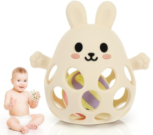Greifball Für Babys, Teething Ring Baby Toy, BPA-Free Zahnungshilfe & Greifball, for Senses and Chew Development,Baby Geschenk Für Babys Von 3-18 Monaten (Milchig weiß,Rabbit)