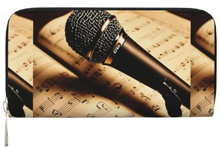 pvinnk Microfono con nota musicale stampa elegante portafoglio a mano in pelle da donna grande portafoglio casual portafoglio pronto da viaggio, nero, Taglia unica, Arte