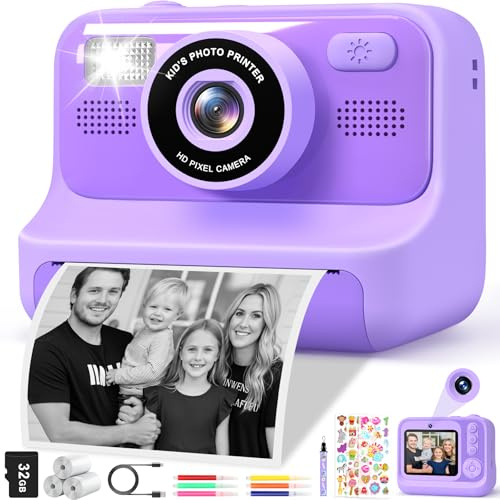 Subtail Kids Camera Instant Print - 2.4'' Instant Camera for Kids with 32GB Card | 3 Rolls Print Paper - 1080P Selfie Kids Digital Cameras - Birthday Kids Toys Gifts for Girls Boys Aged 3-12 - Purple