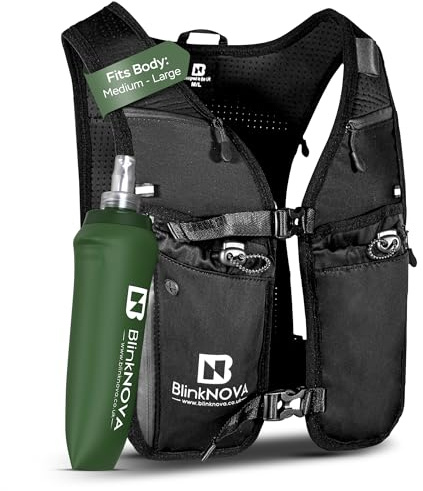 BlinkNOVA Running Vest with Phone Holder | Reflective Hydration Vest with Adjustable Waistband & 500ml Collapsible Water Bottle | Lightweight Unisex Running & Hiking Vest (Front Clip – M/L)