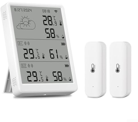 Cloudpower Wlan Hygrometer Thermometer Sensor für Tuya für SmartLife Luftfeuchtigkeits Temperatur-Feuchtigkeitssensor Wlan Thermometer mit app für Zuhause Gewächshaus(1*Basisstation+ 2*Sensor)