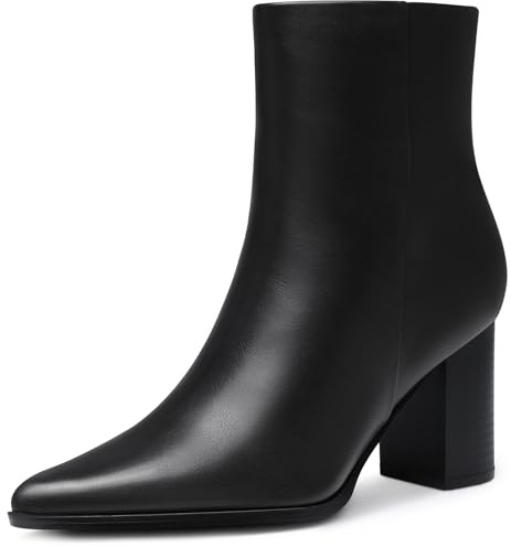 CELLENZ Women Heel Ankle Boots: Comfortable Pointed Toe Boots - Chunky Heel Booties Womens - Black Leather Fall Ankle Boot Office Vacation Size 9