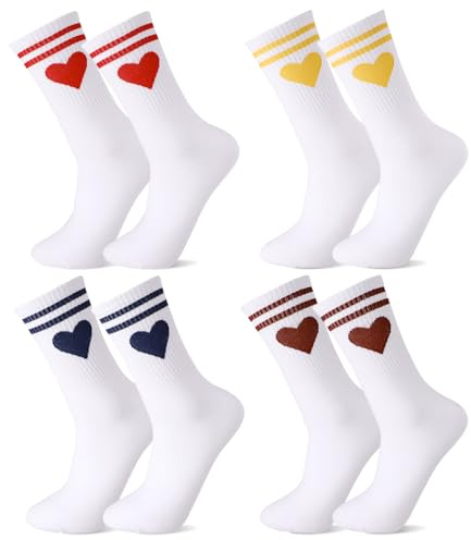 Utensilsto 4 pares de calcetines de tenis para mujer, talla 39-42, color blanco, calcetines deportivos con rayas en forma de corazón, calcetines de tenis para mujer, calcetines de correr, calcetines