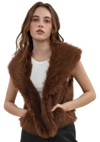 Amazhiyu Womens Faux Fur Gilet, Lapel Open Front Waistcoat with Pocket Brown S