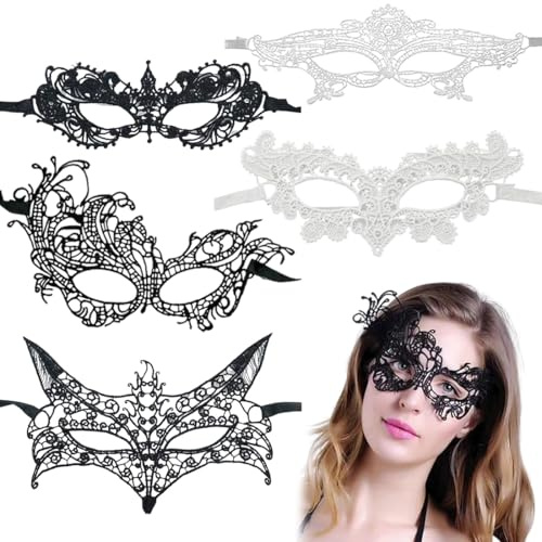 Spitze Maske, 5 Stück Maskerade Maske Halloween Masken Damen, Schwarz Sexy Lace Augenmaske für Frauen, Augenmaske Maskerade Maske für Halloween Karneval Abendkleid Tanz Ball Party