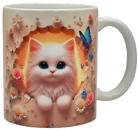Shopi Zone Adorabile tazza in ceramica gattino bianco con fiori e farfalla – Design artistico tenero e naturale per caffè o tè – Regalo creativo per amanti dei gatti e collezionisti