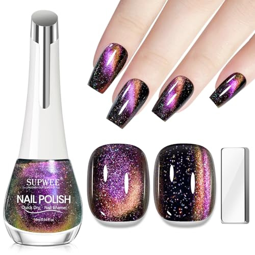 SUPWEE Magnetiskt nagellack utan UV, snabbtorkande 16 ml kattöga nagellack med magnet holografiskt snabbtorkande High Gloss Cat Eye Nail Polish för manikyr gör-det-själv nageldesign hemma