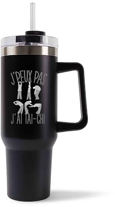 Planetee Mug Isotherme 1,2L - Je peux pas tai chi Noir – Bouteille avec Anse, Paille et Couvercle – Idée Cadeau Gourde Personnalisée