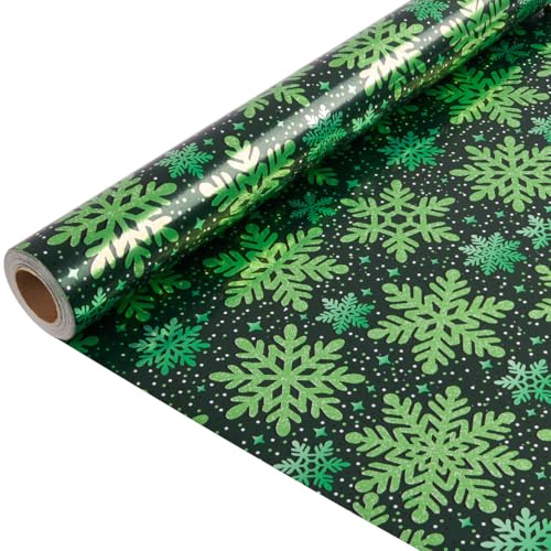 Rollo de papel de regalo verde de 10 m, 43 cm, papel de regalo navideño negro con estampado de copos de nieve brillantes para decoración de regalos de cumpleaños y Navidad.