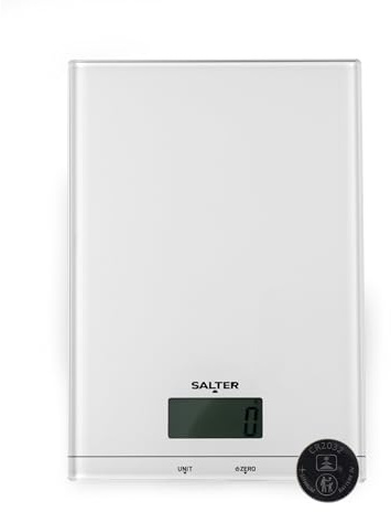 Salter Balance de cuisine numérique en verre, 5 kg, blanc | Fonction tare Add & Weigh, mesure des liquides Aquatronic, plateau en verre trempé, nettoyage facile, écran LCD