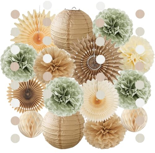 Deko Grün Beige Braun Party Deko Salbeigrün Creme Geburtstag Champagner Gold Pompons Salbei Braun Kit für Boho Geburtstagsdeko Beige Grün Junggesellinnenabschied JGA Frauen Babyparty Salbeigrün