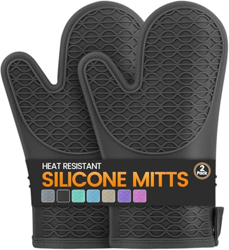 Silicone Oven Mitts, Heat Resistant 2PCS Oven Mitts with Soft Cotton Lining, Waterproof Non-Slip Grip Oven Glove, Kitchen Potholder Mits for BBQ, Baking, Cooking, 12.5 Inch (Black, 2 pack)