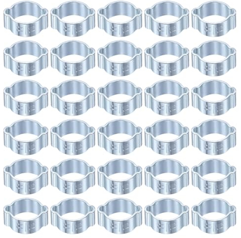 sourcing map 30pcs Double Ear Hose Clamp 11-13 mm Galvanized Steel Hose Clamp Double Ear O Clips Crimp Rings for Fuel Line Pipe Tube Fitting Connections, Silver