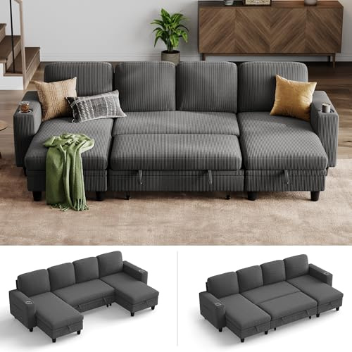 LINSY HOME Ecksofa mit Schlaffunktion und Stauraum – U-förmiger modularer Cord Sofa, ausziehbares Sofa für Übernachtungsgäste, ideal für Wohnzimmer und kleine Apartments, Dunkelgrau