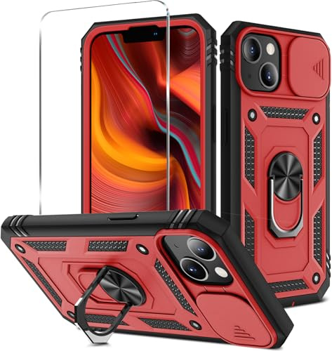 HAONANDE Custodia per Apple iPhone 13 Pro Max con 1 Vetri Temperati, Cover Antiurto Grado Militare 360° con Copriobiettivo Scorrevole e Anello Magnetico per Supporto Auto Rosso nero