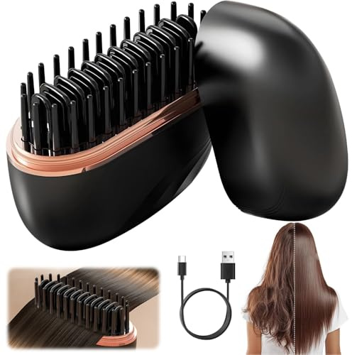 Mini Hair Straightener Brush, 2 in 1 Kabellose Mini Glättebürste, Wiederaufladbare Tragbare Glättbürste mit 3 Temperaturstufen & Aufheizen in 30s für Reisen Tägliche Nutzung (Schwarz)