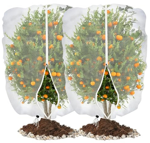 Weciau Fruit Tree Netting, 2 Pack 2.4 x 2.4m Plant Covers with Zipper and Drawstring, Insect Bird Barrier Netting Mesh, Garden Bug Netting Plant Cover for Fruit Plants Blueberry Bush Protection