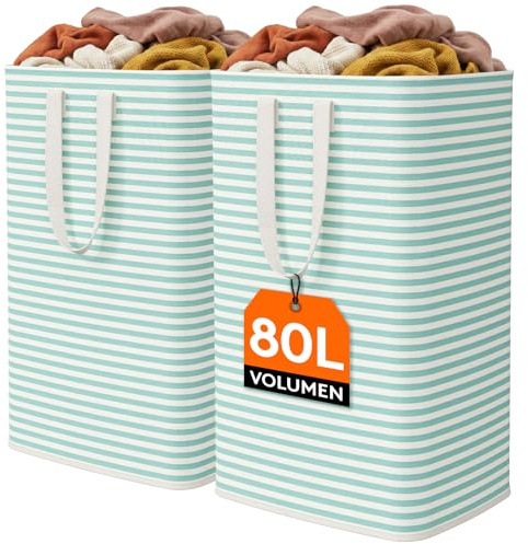 Lifewit Cesto Portabiancheria, Grande Cesta Portabiancheria Pieghevole con Manici Allungati, Portabiancheria Sporca, Laundry Basket per Vestiti, Asciugamani, Coperte, Blu Verde, 80 L, Set di 2
