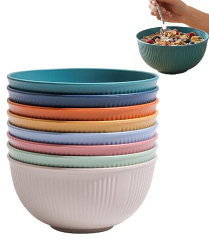 Voxlara Set di 8 Ciotole per Cereali da 655 ml, Ciotole in Plastica Infrangibili Riutilizzabili e Durevoli, Scodella Colazione per Zuppe, Cereali, Insalata, Cena, Ø 15 cm, Senza BPA, 8 Colori