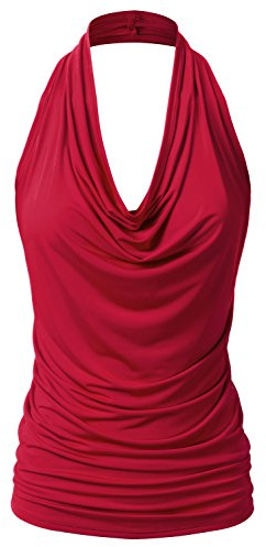 EIMIN Women's Casual Halter Neck Draped Front Sexy Open Back Tank Top RED M