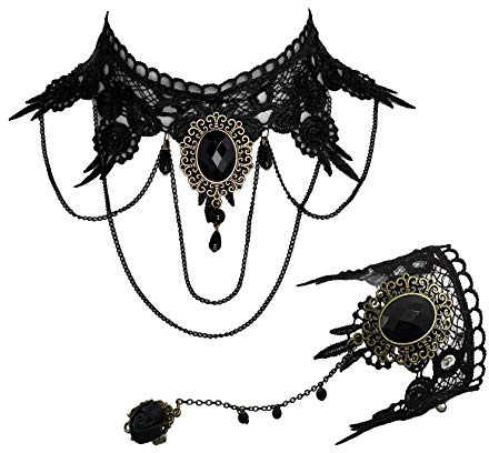 JJDreams Collier Gothique Dentelle Femme et Bracelet Noir - Set Vampire Ras de Cou